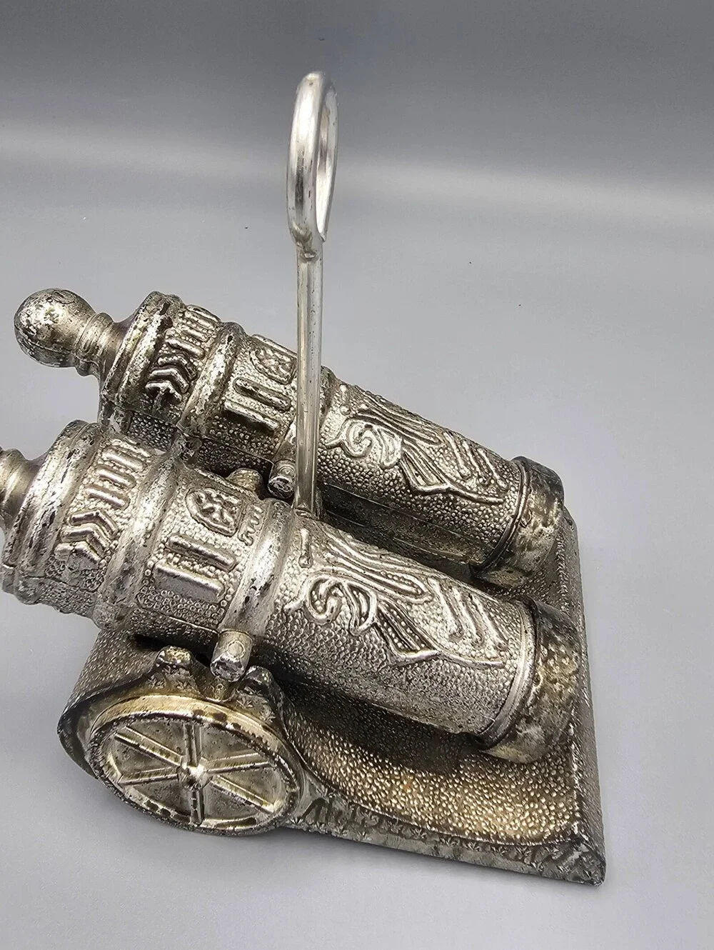 Vintage Metal Cannon Salt and Pepper Shakers with Holder